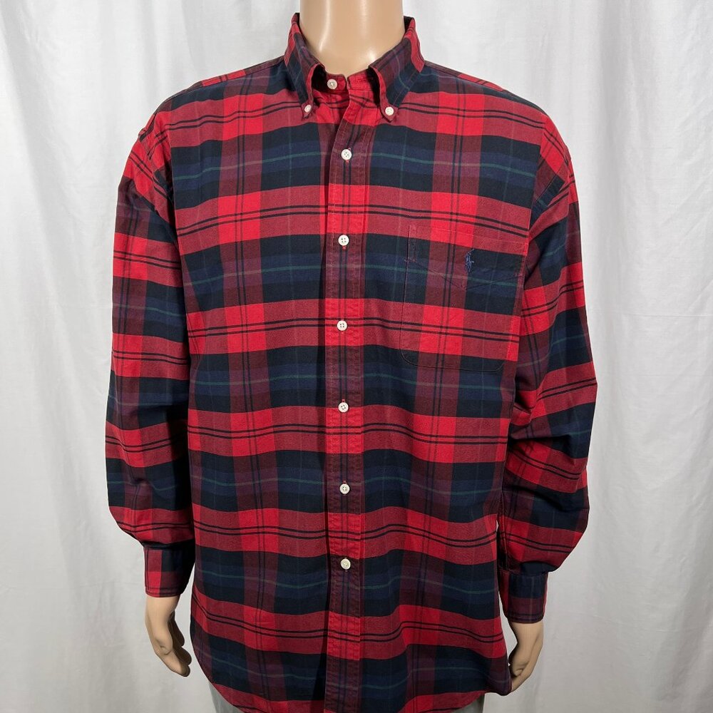 Vintage Ralph Lauren Men's Large Red Plaid Long Sleeve Button-Up "Big Shirt"